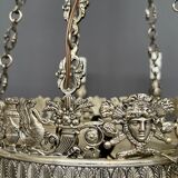 Large, rare antique chandelier in solid silver-plated bronze, Empire style, 12 light points.