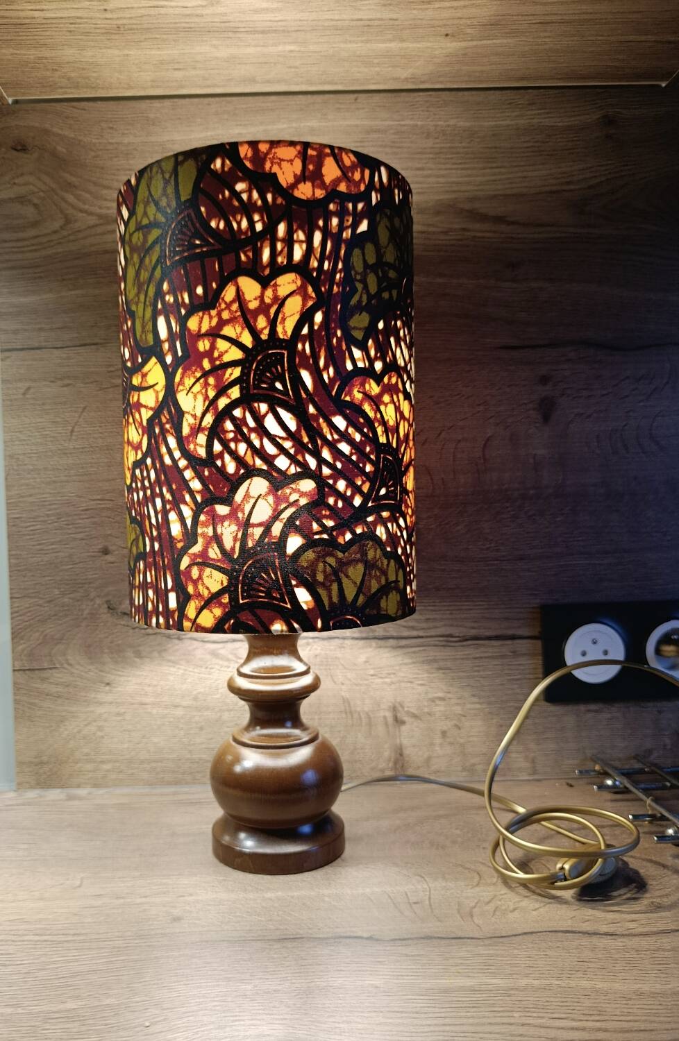 rustic chic turned wooden lamp, ethnic African wax lampshade