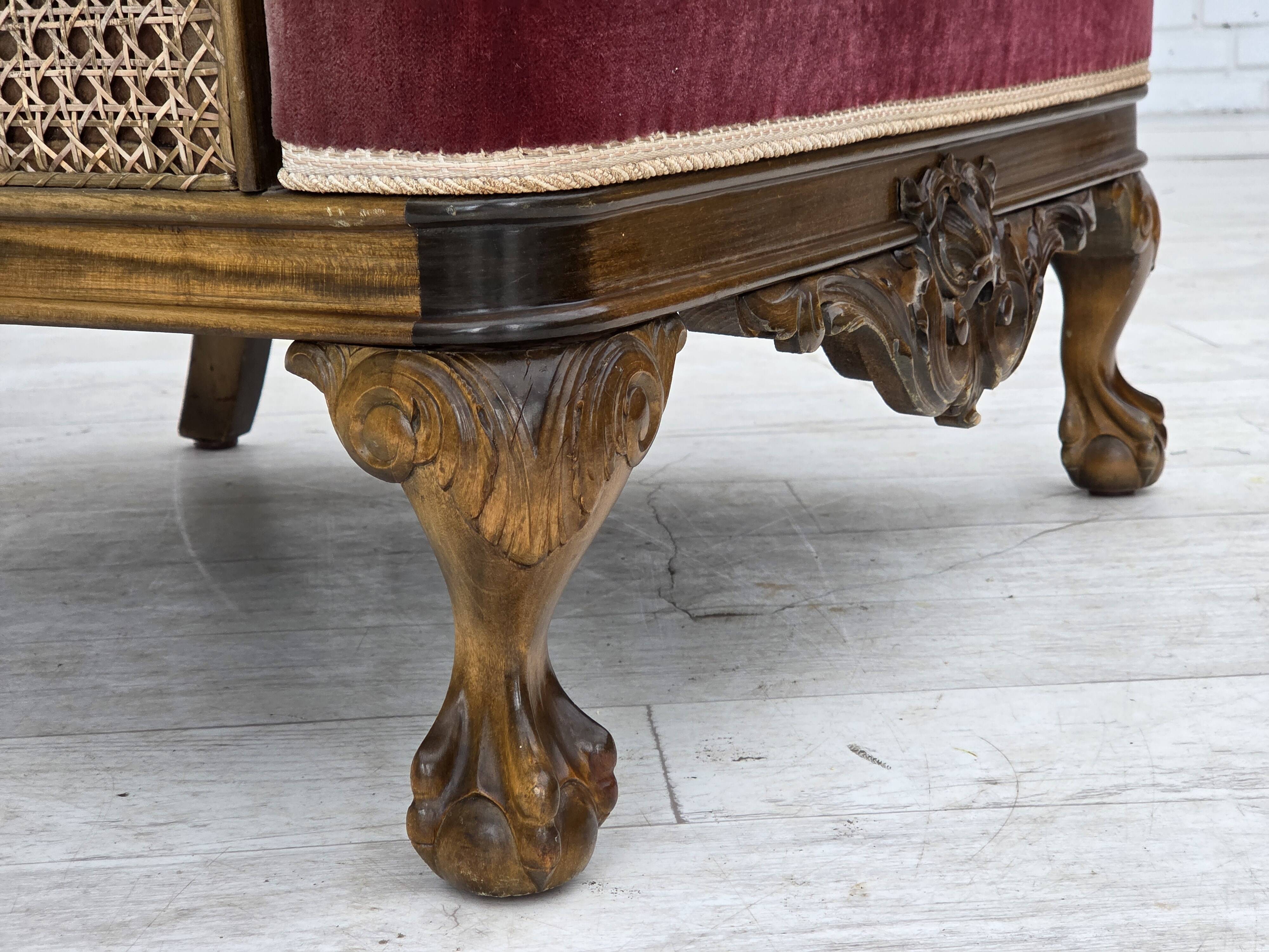 1940s, Danish armchair, woven wool, velour, mesh, carved oak wood.