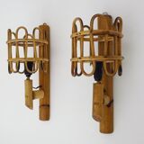 Pair of bamboo rattan lantern wall lights. 50s 60s