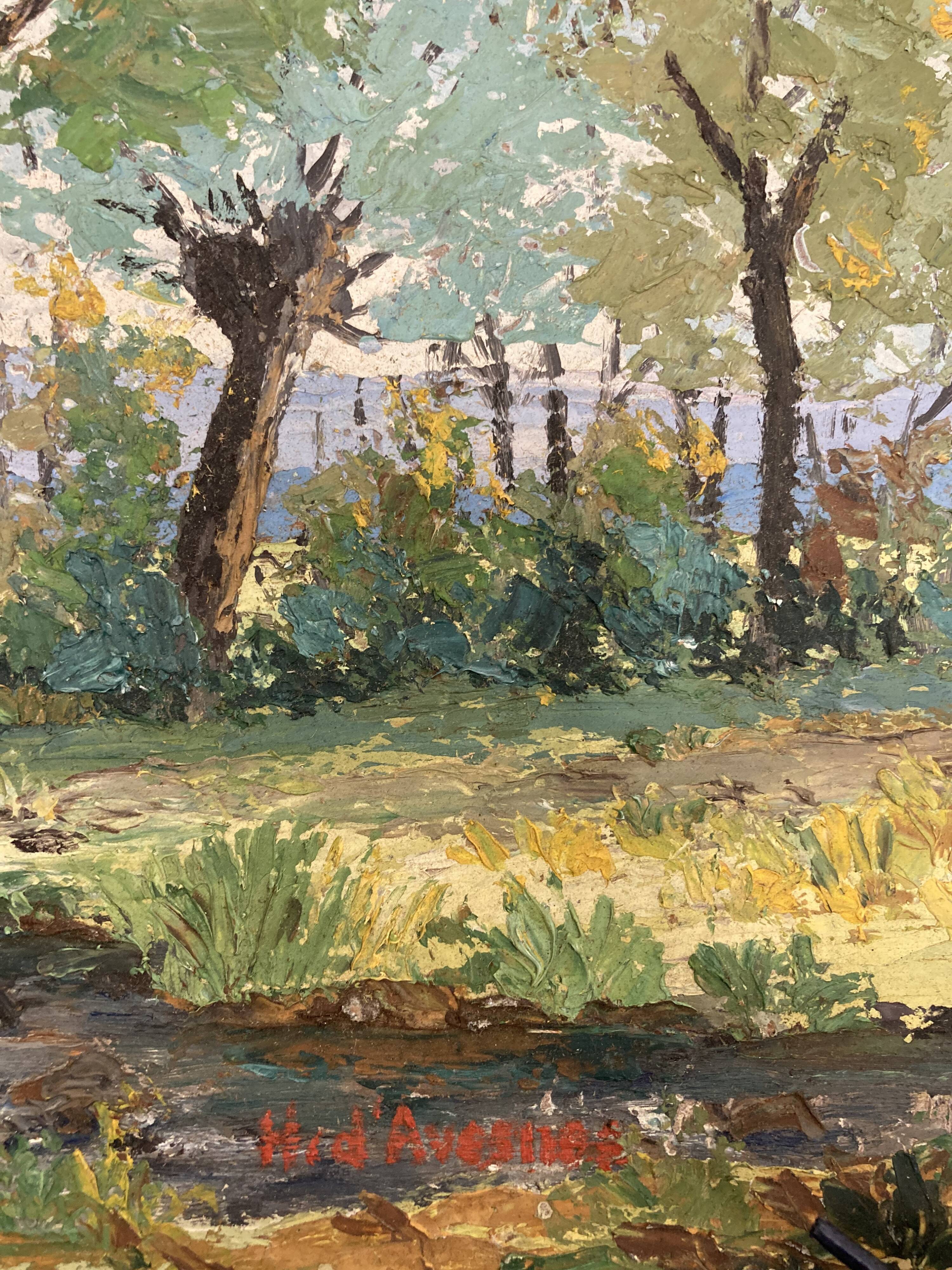 Oil on panel Landscape at the watercourse