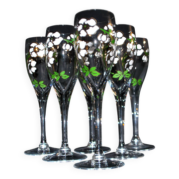 6 flûtes à champagne Anémone Cuvée Belle Epoque en cristal émaillé Gallé