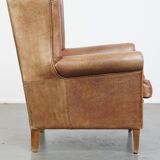 Cowhide Leather Wingback Chair in Light Cognac Color