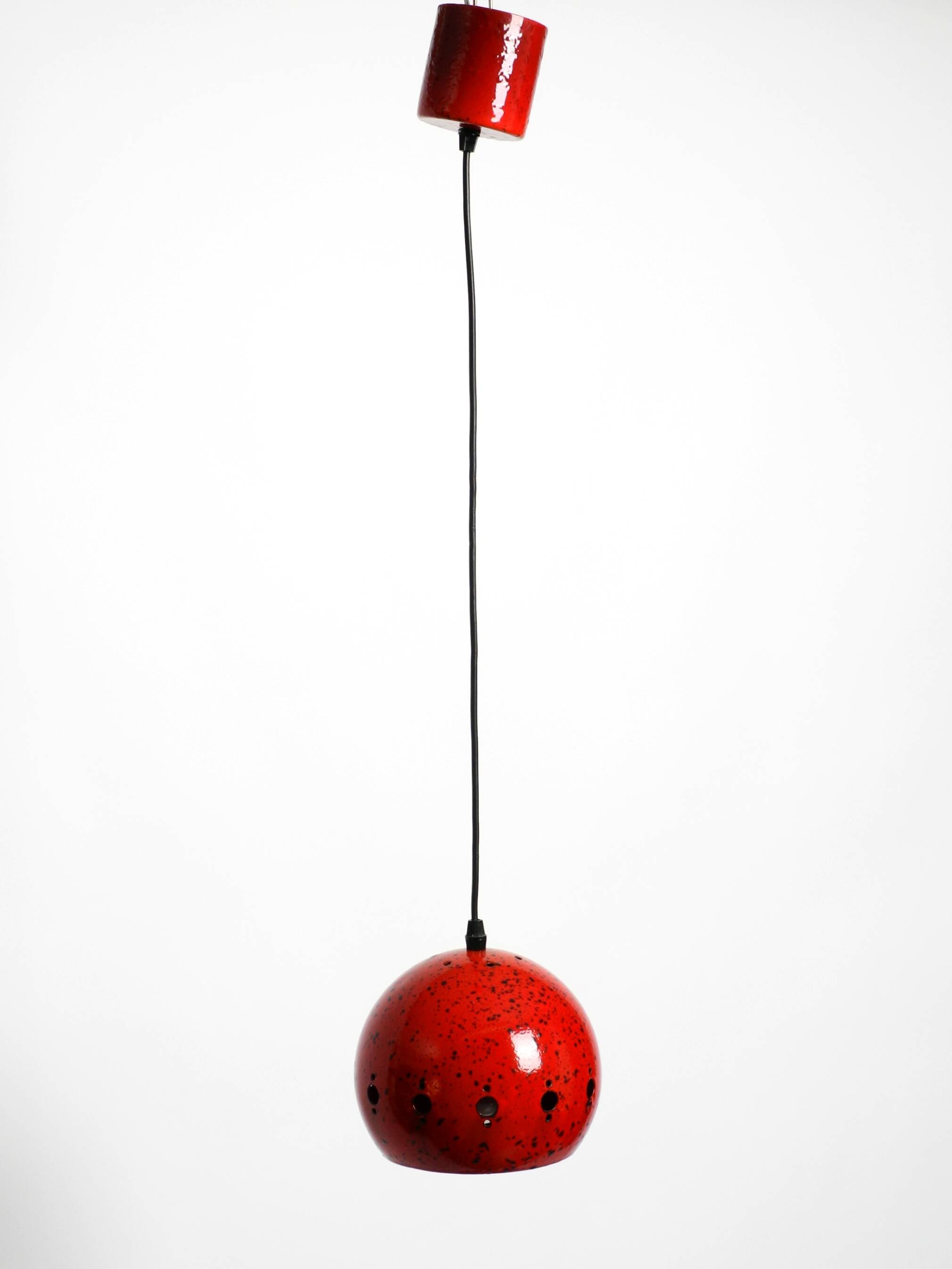 Mid Century red and black small enameled pendant lamp with original canopy