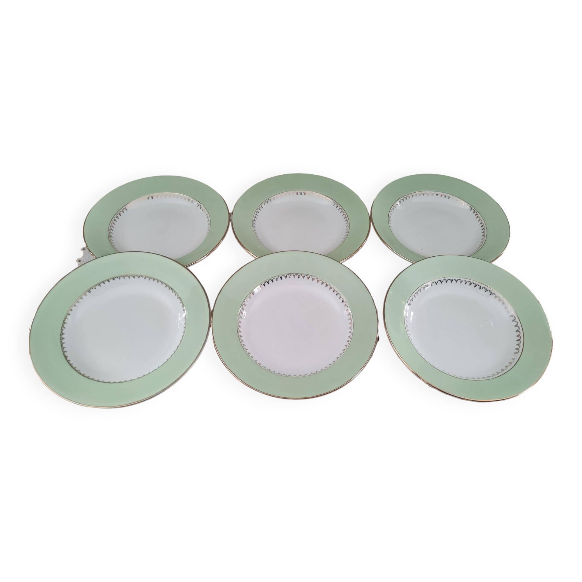 Lot de 6 assiettes creuses L'Amandinoise marli vert d'eau et frise dorée
