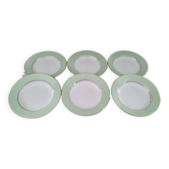 Set of 6 L'Amandinoise soup plates with water green marli and golden frieze