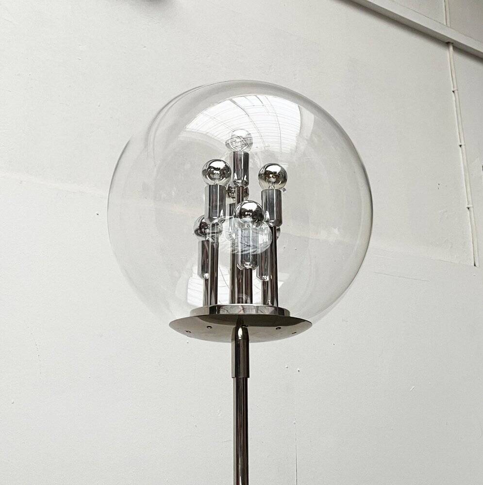 Spherical chrome and glass planetary floor lamp from the mid-century German space age by Doria Leuchten, 1960s.