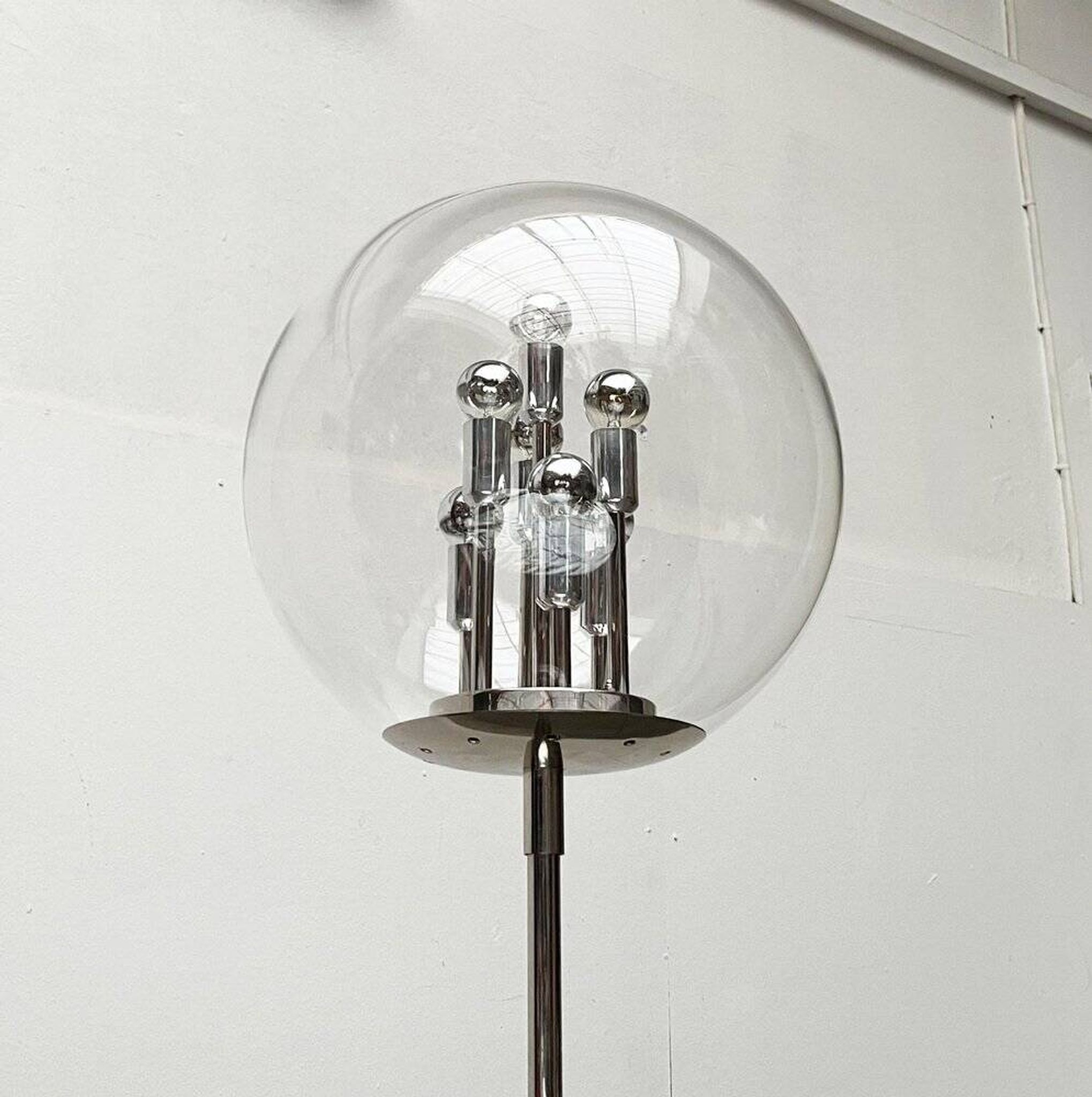 Spherical chrome and glass planetary floor lamp from the mid-century German space age by Doria Leuchten, 1960s.