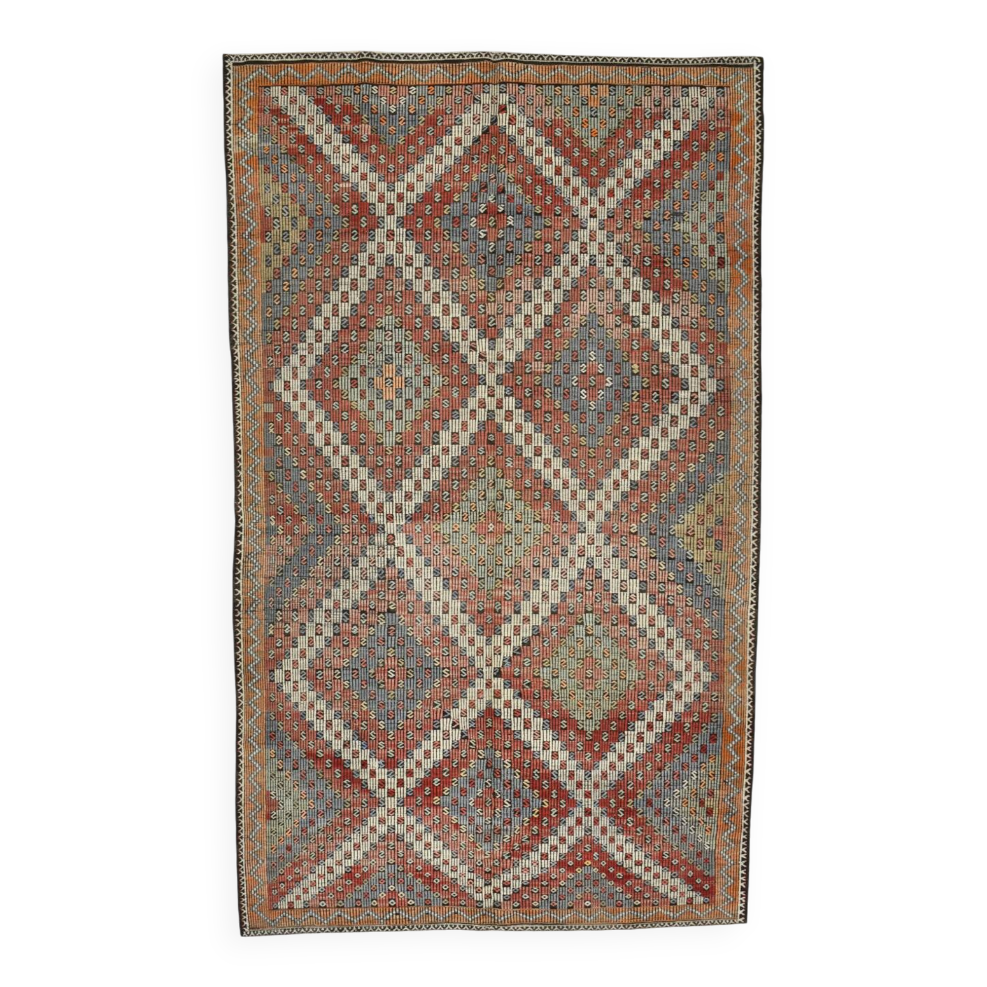 Burgundy & Green Turkish Vintage Kilim Rug