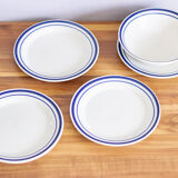 4 blue bordered dessert plates and a matching bowl