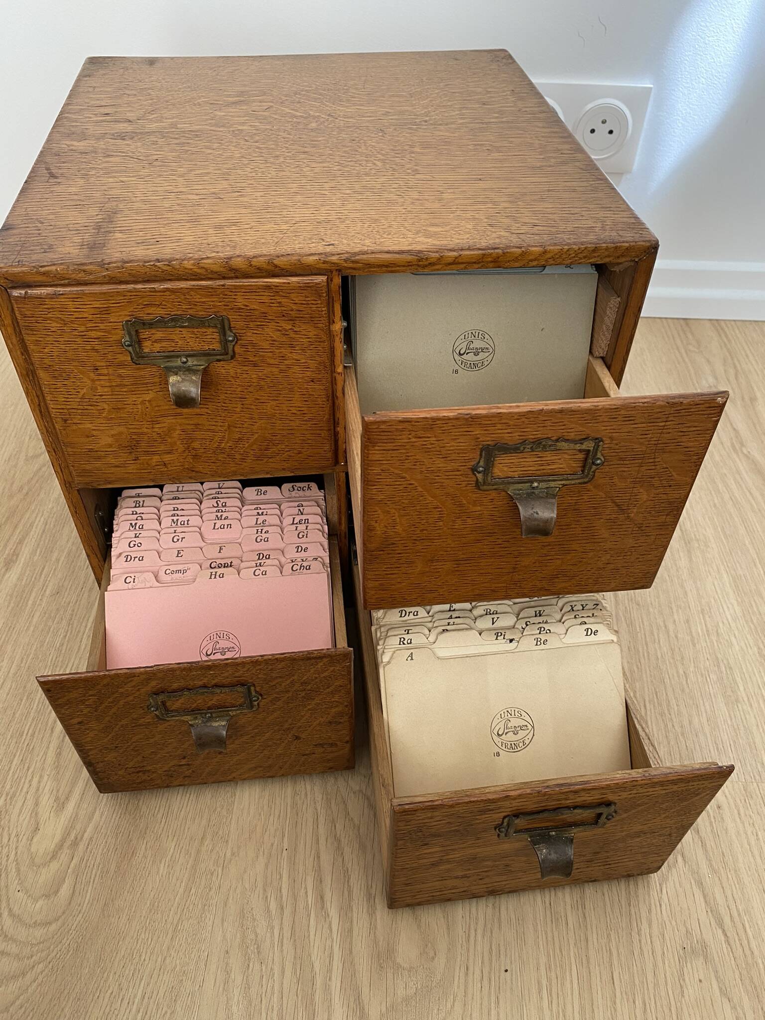 Vintage professional furniture, shannon unis france four-drawer filing cabinet for postcards
