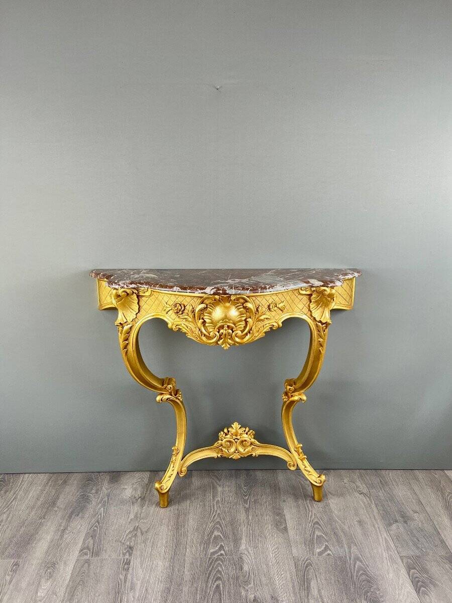 Louis XV Style Wall Console in Gilded Wood and Marble, 19th Century