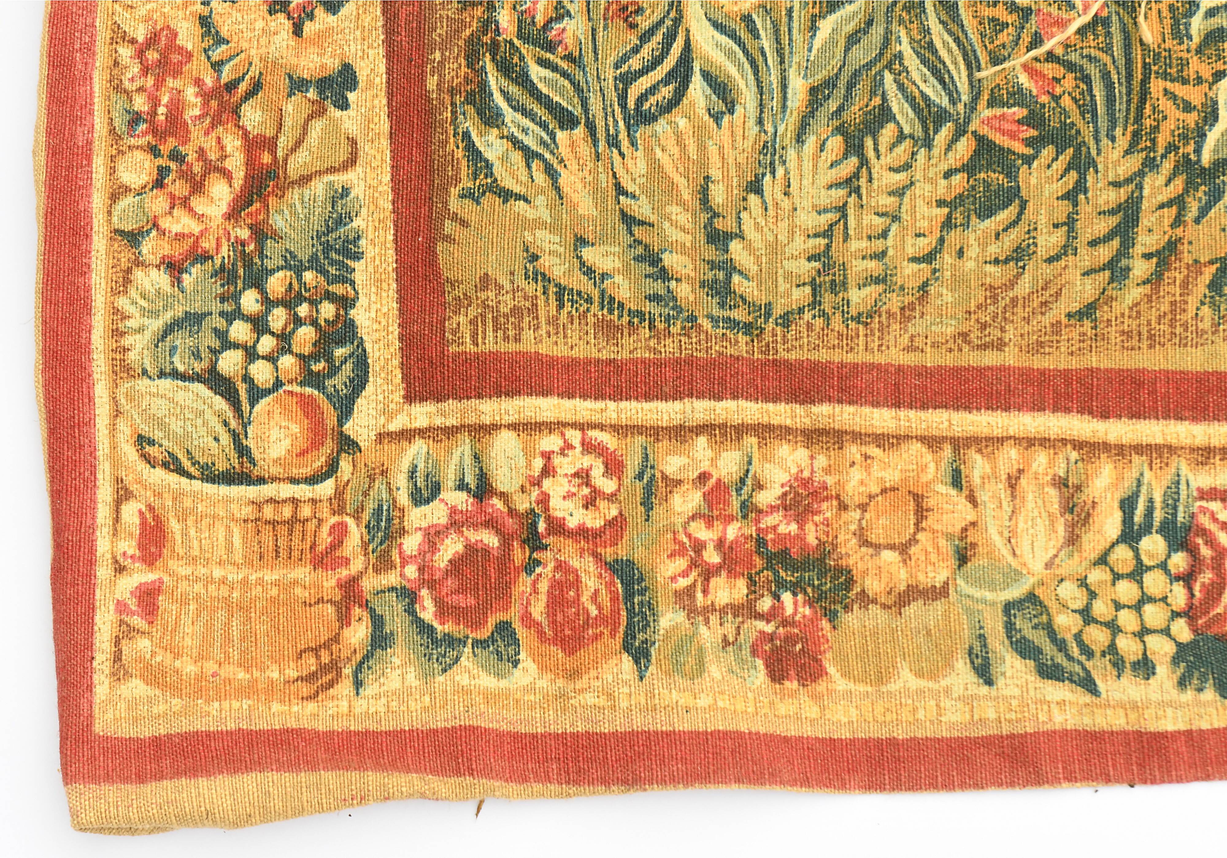 Printed green tapestry depicting birds in the park of a castle