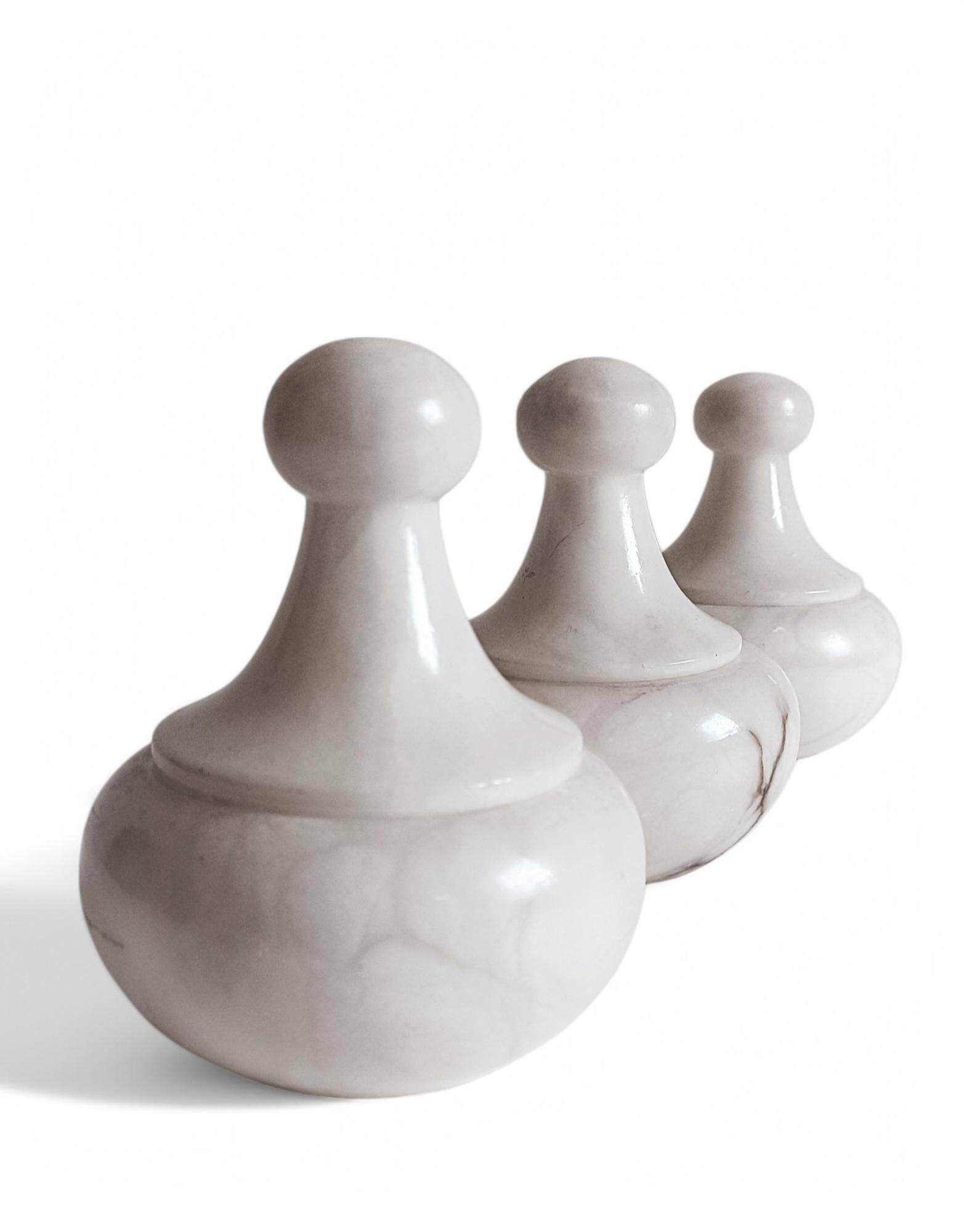 Art Deco Alabaster Set of Three Lidded Urns, Hand-Carved in Spain