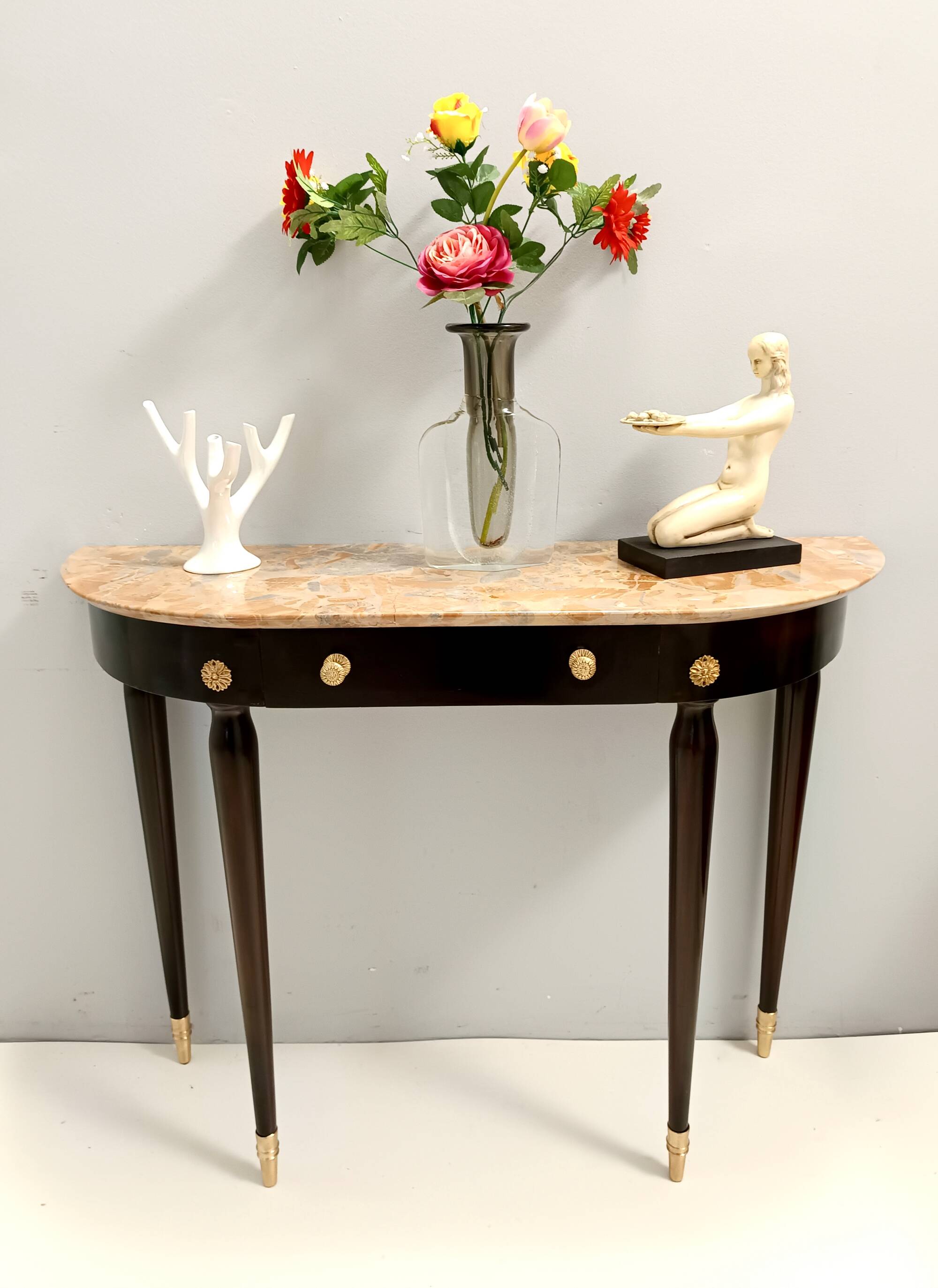 Ebonized Beech Console with a Demilune Macchiavecchia Marble Top attr. to Paolo Buffa