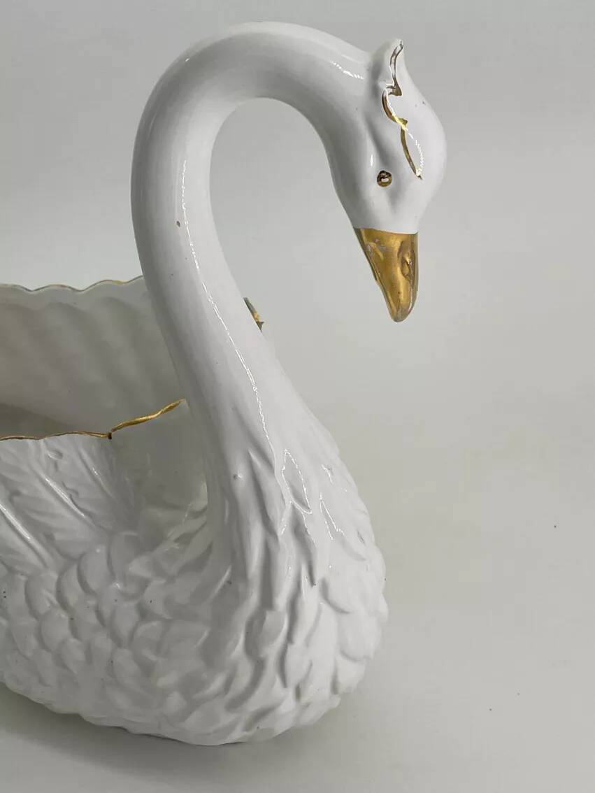 Vintage white and gold ceramic swan planter
