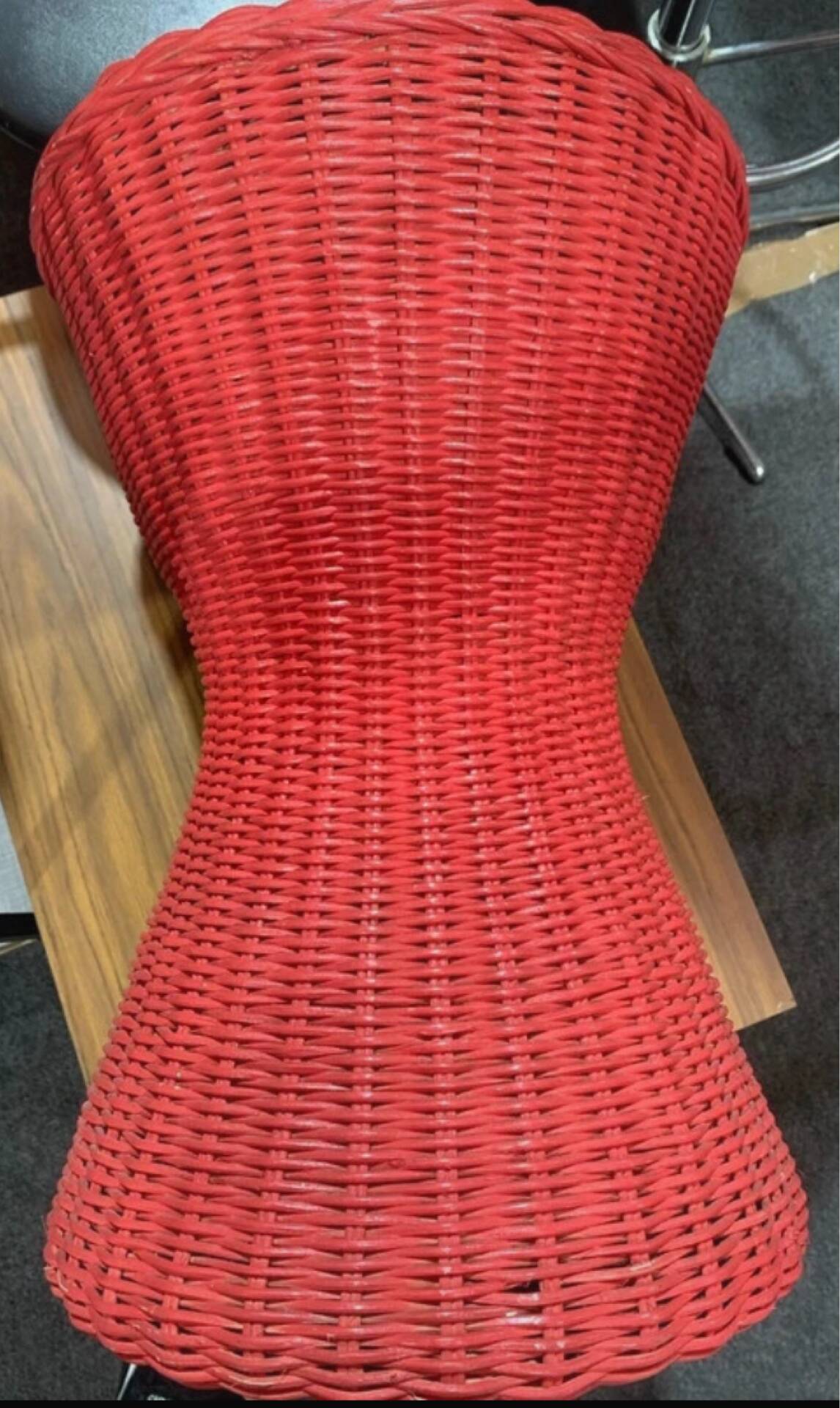 Vintage hourglass stool in red wicker or woven rattan.