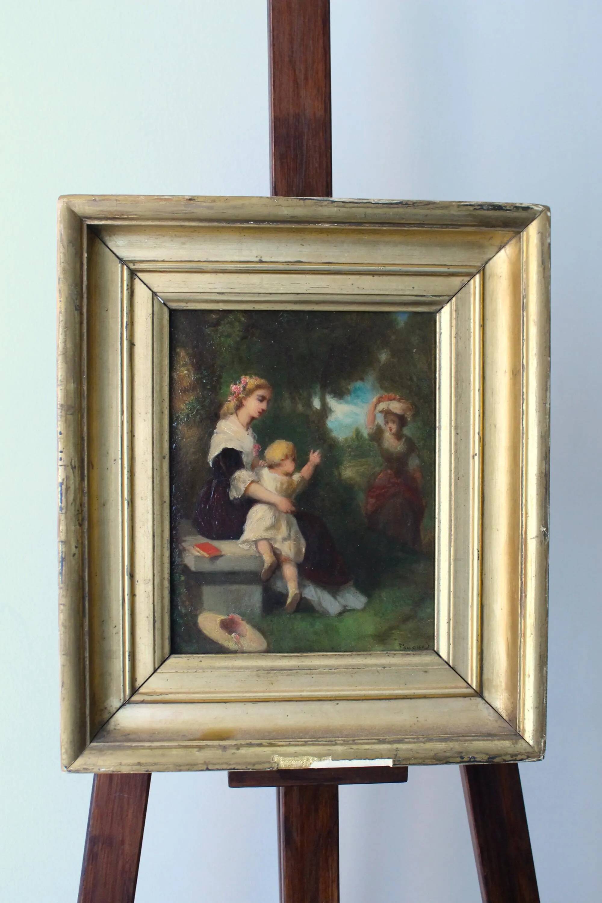 Jean-Baptiste Fouque (1819 - 1880) "Stroll in the Garden" oil on panel