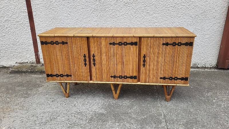 ENFILADE 3 DOORS VINTAGE 1960 IN RATTAN AND WROUGHT IRON