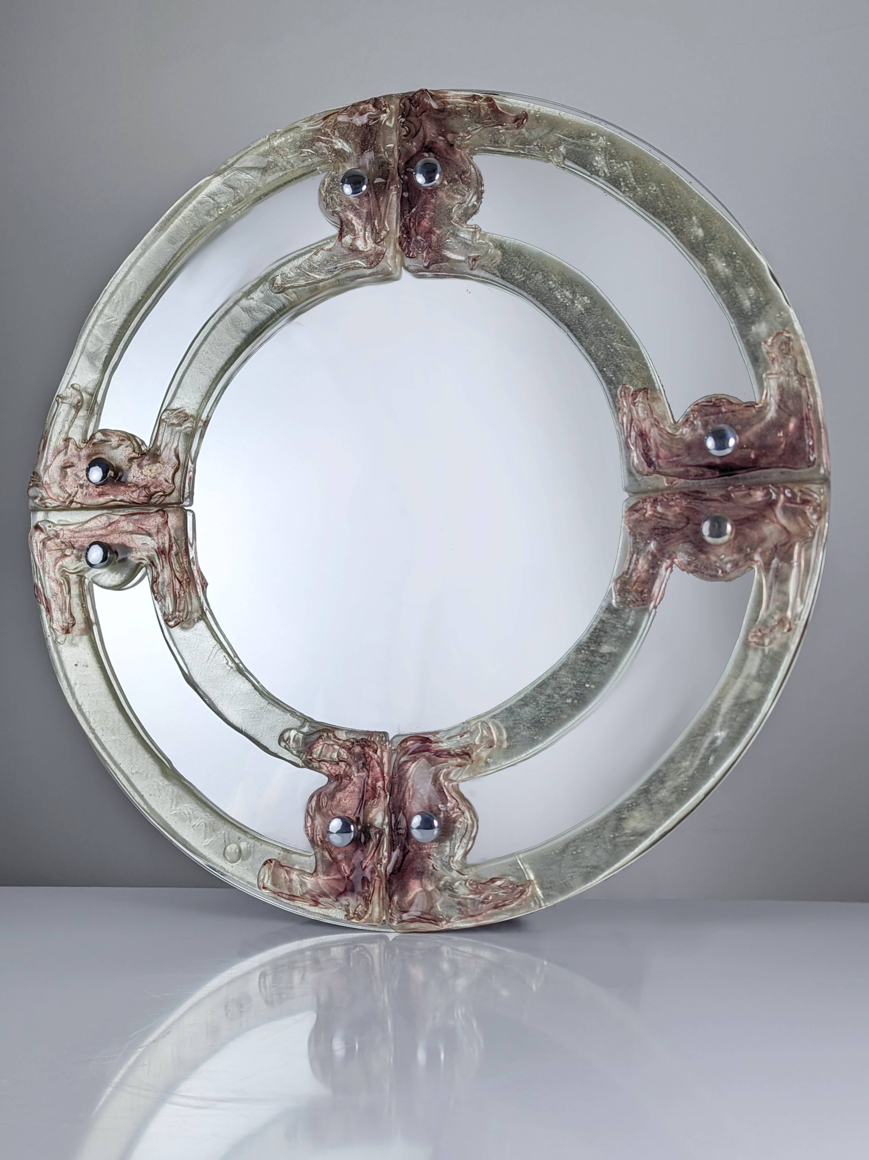 Venetian round mirror in pink and purple murano glass 1960s
