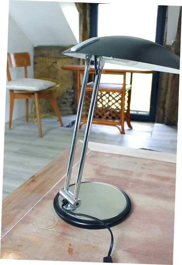 Grande lampe design vintage soucoupe chromé et métal laqué noir 1970