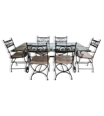 Table Ronde En Verre Et Fer Forgé Avec 4 Chaises Assorties - Ensemble Neuf