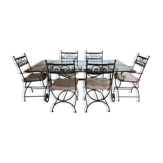 Wrought iron and bevelled glass table 4 chairs 2 armchairs