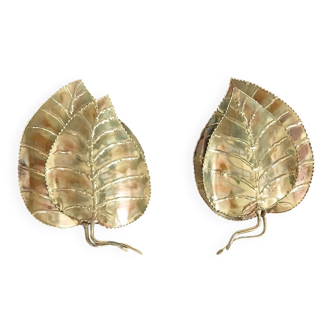 Pair of Vintage Wall Sconces by Dlg Jansen circa 1970, golden leaf wall lamp.