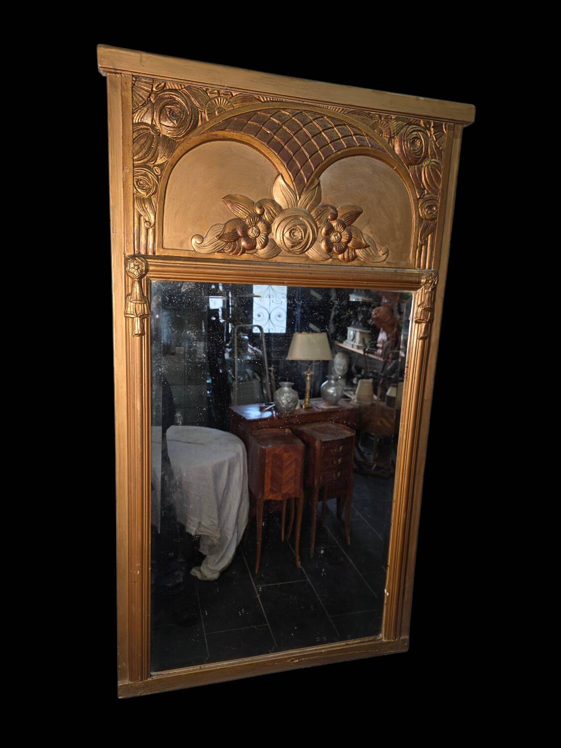 Art Deco gilded trumeau, bevelled mirror