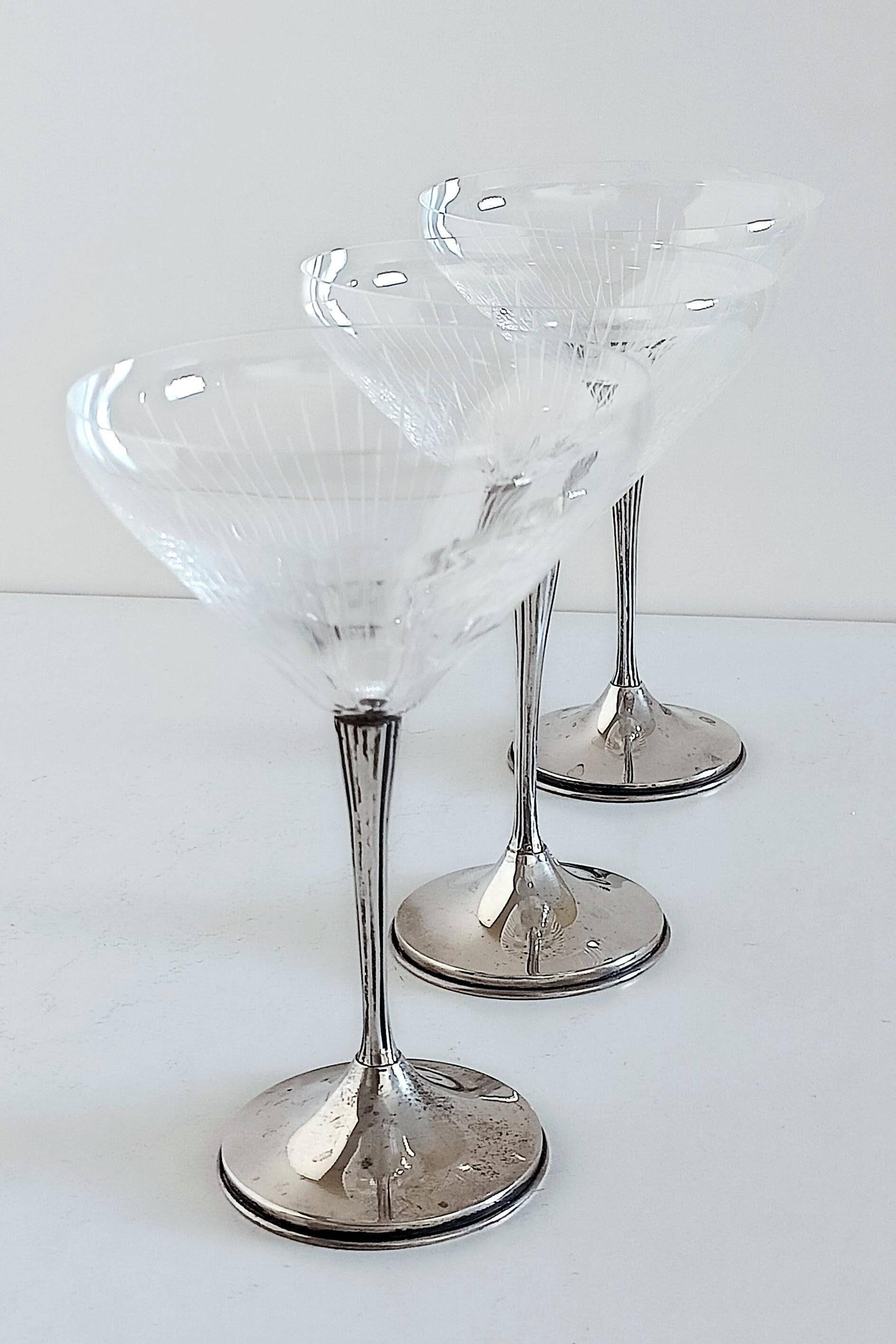 Art Deco Champagne Glasses Set of 3, Sterling Silver & Cut Glass