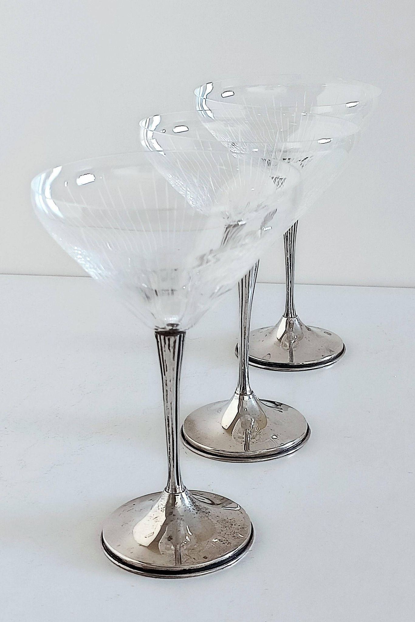 Art Deco Champagne Glasses Set of 3, Sterling Silver & Cut Glass