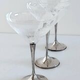 Art Deco Champagne Glasses Set of 3, Sterling Silver & Cut Glass