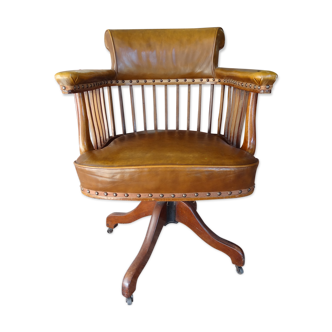 19th-century English office chair with mahogany and leather wheels