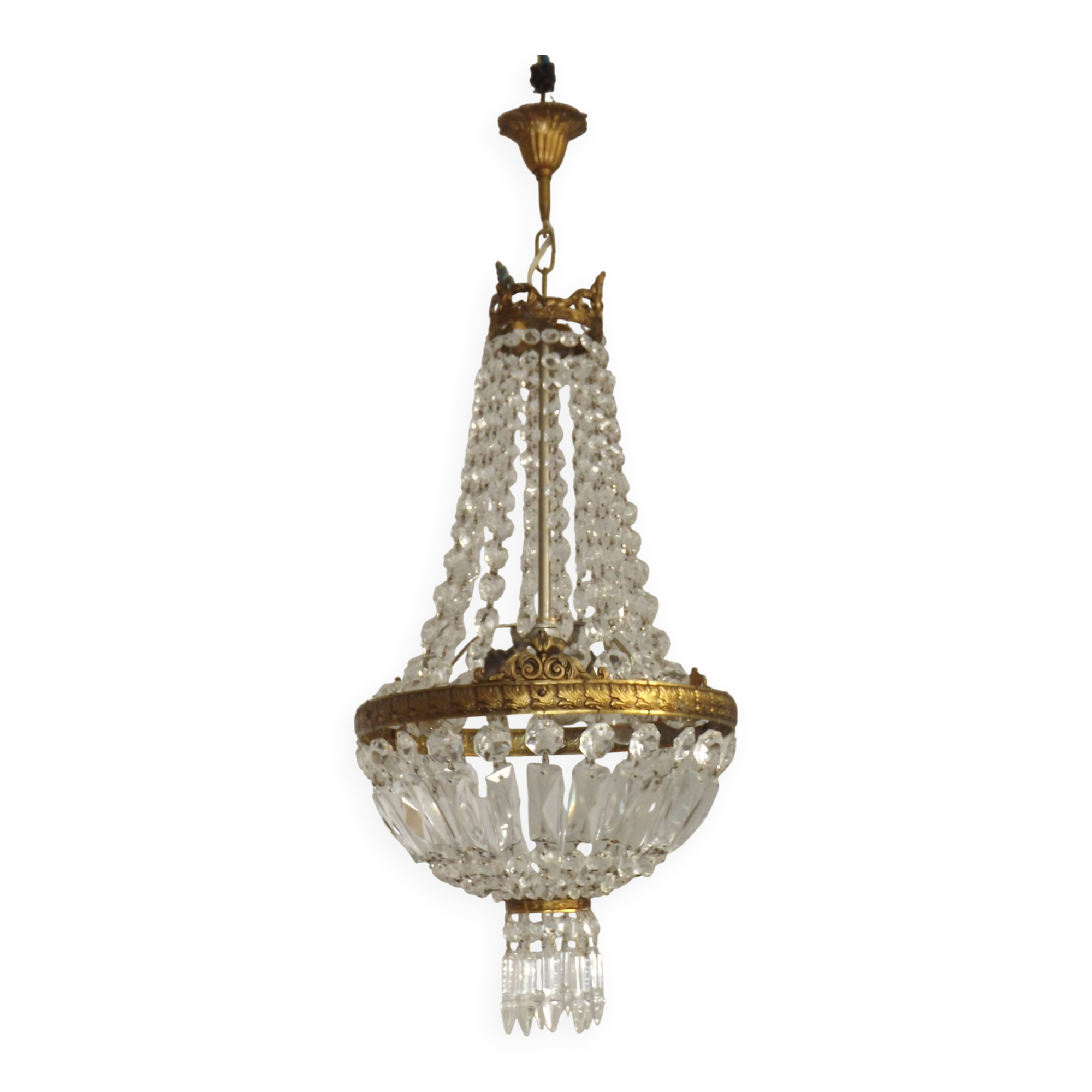 French Empire Style 3 Light Bronze Montgolfier Crystal Basket Chandelier