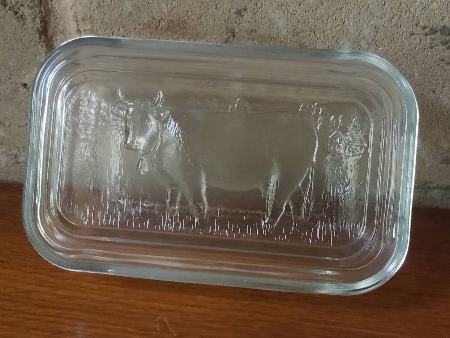 Glass butter dish with cow decor