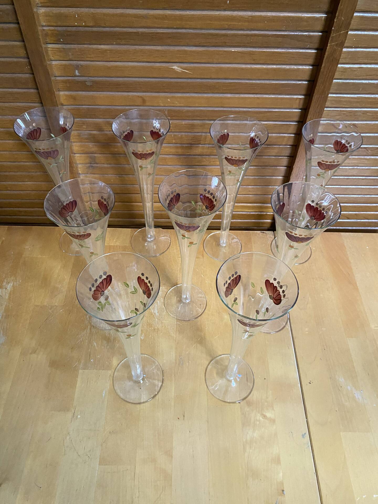 Series 9 Champagne Flutes Fine Glass Hand-Painted Floral Decor Vintage #E3