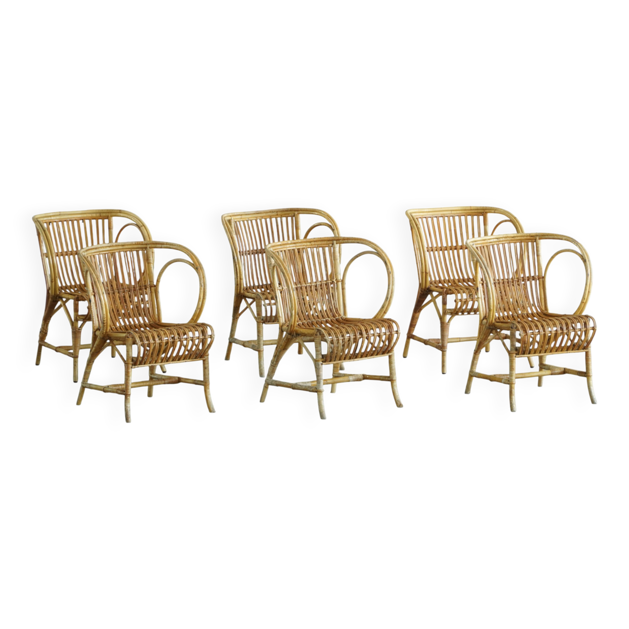 "Danish Modern" style, set of 6 dining chairs in bamboo and rattan, by Robert Wengler, 1930s.