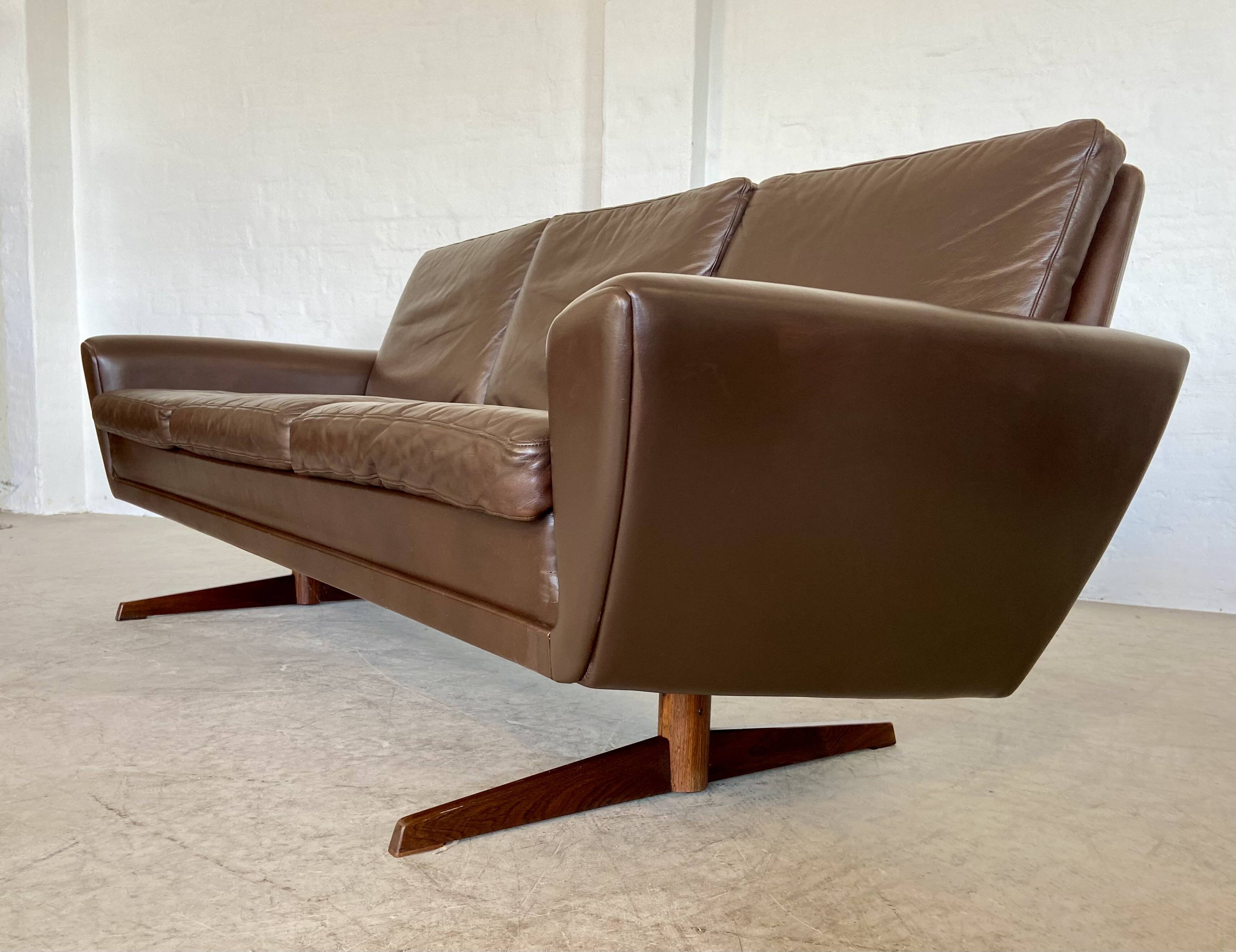 Vintage retro danish mid-century g. thams 3 person sofa in brown leather