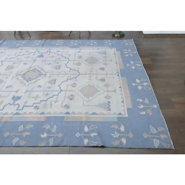 1970s Turkish Oushak Handmade Wool Cotton Blue Beige Area Rug 230x325