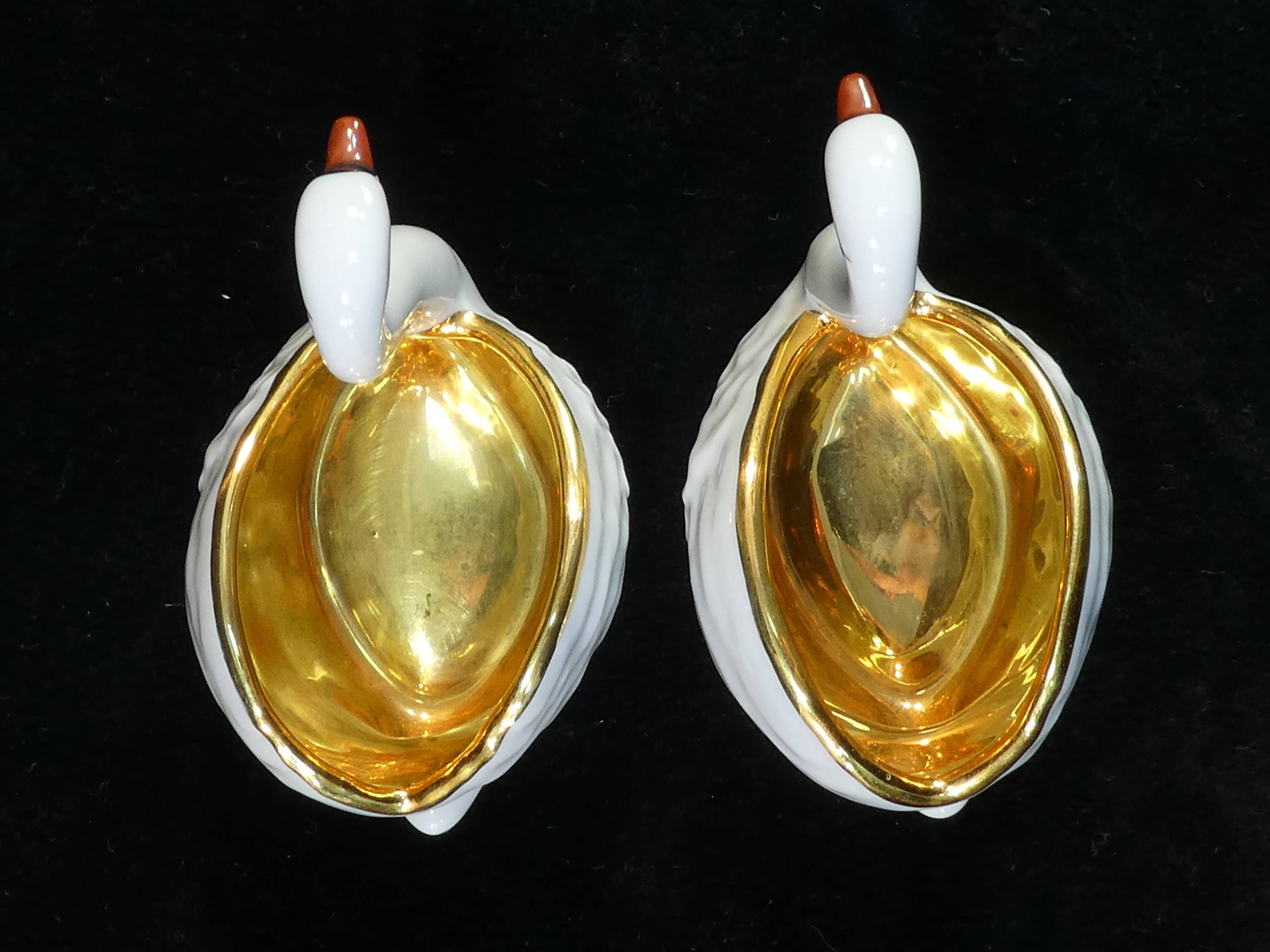 Pair of salters in limoges porcelain white swans