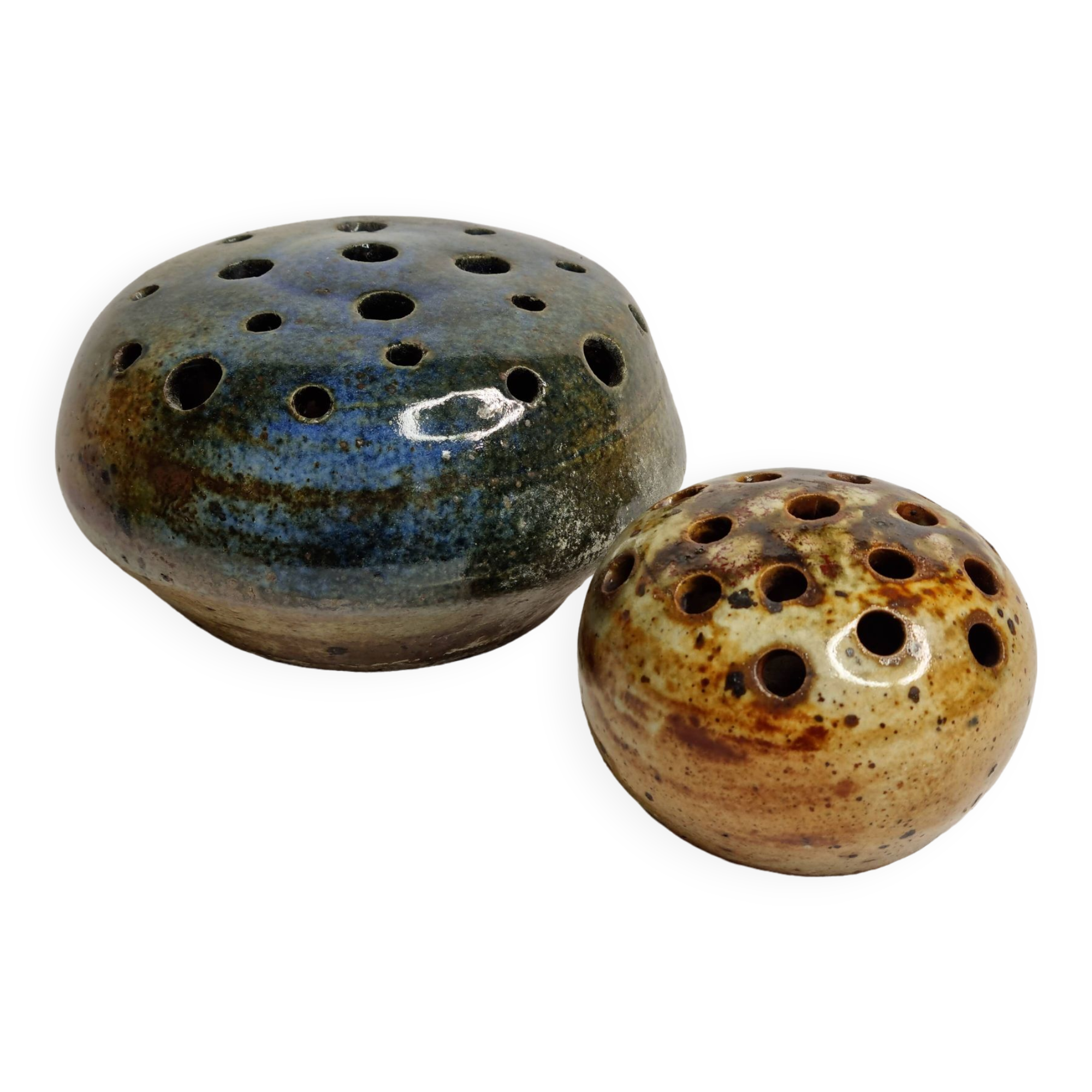 Set of two enamelled stoneware flower vases from "Vezelay" signed