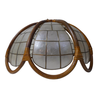 Lamp in mother-of-pearl brass and rattan