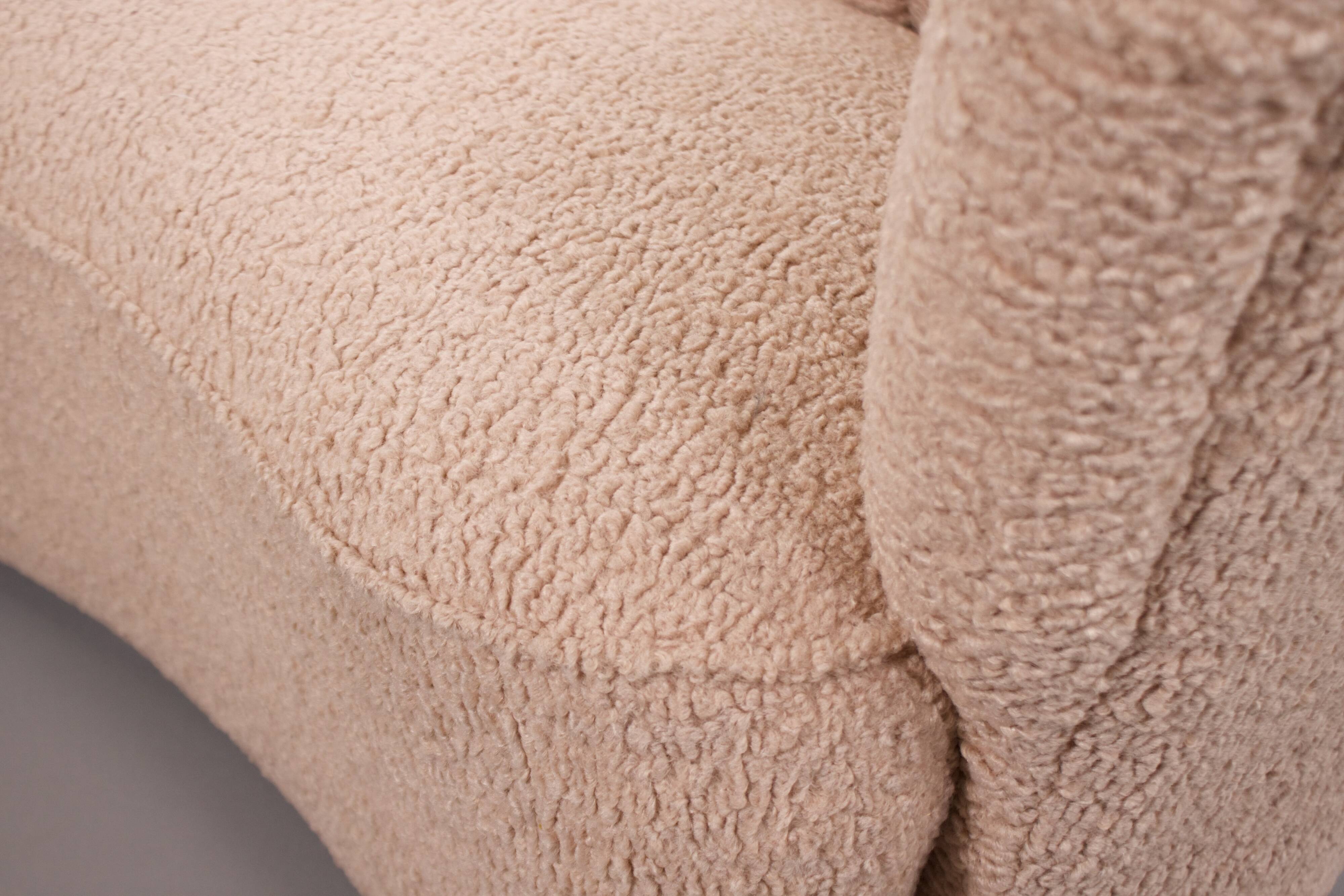 Danish curved banana sofa in a powder pink wool fabric, 1940s