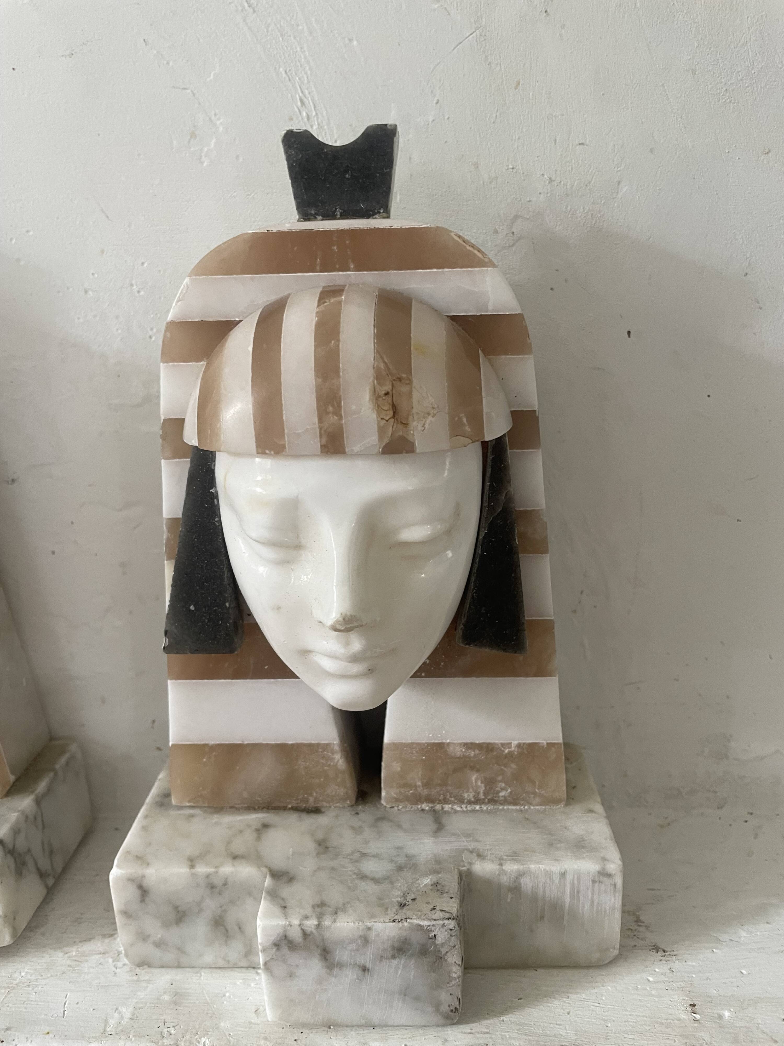 Art Deco "Egyptian Revival" pair of bookends in carved alabaster