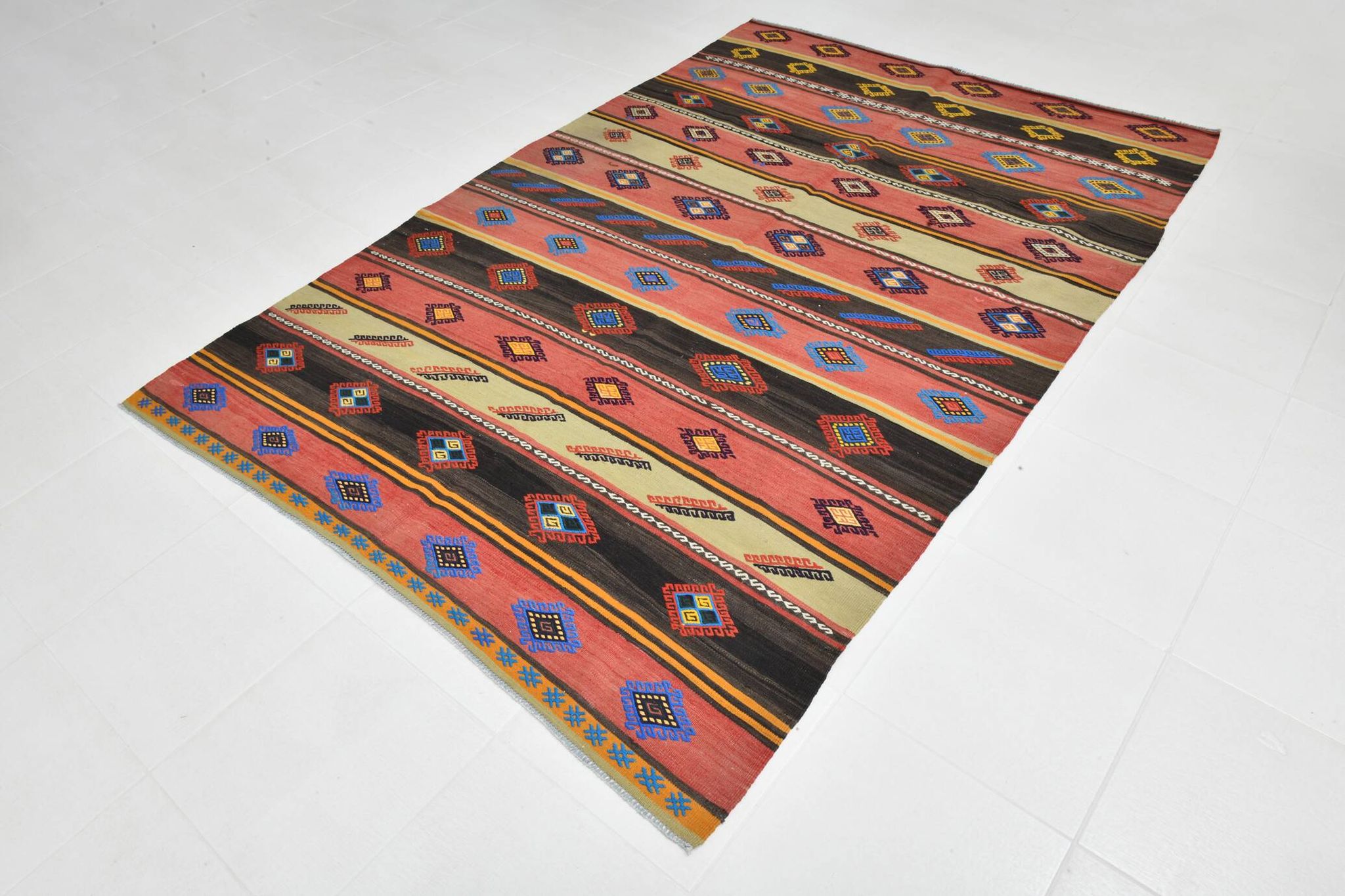 6x9 Blue & Red Details Kilim Rug,Modern Mid Century,Wool Area Rug,175x261Cm