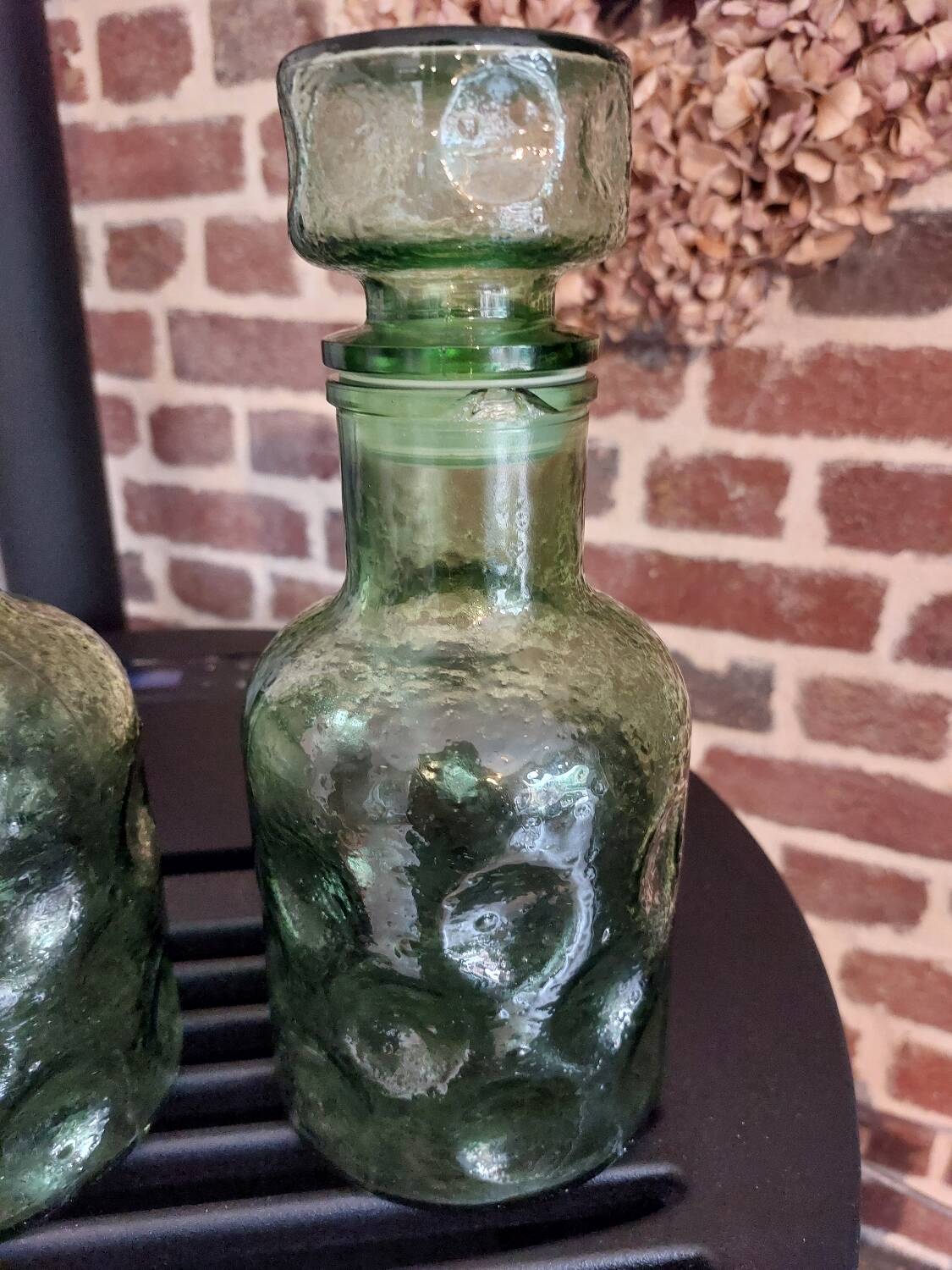 Bubble glass carafe, green bumpy
