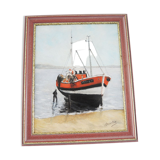 Huile sur bois encadrée et signée henri merlet : bateau de pêche orange