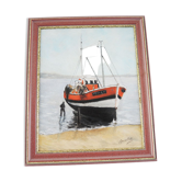 Oil on wood framed and signed henri merlet : orange fishing boat