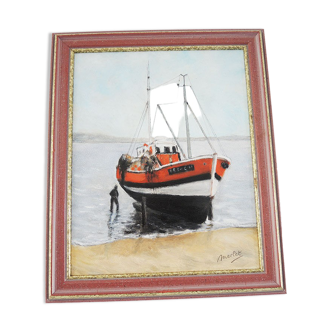 Oil on wood framed and signed henri merlet : orange fishing boat