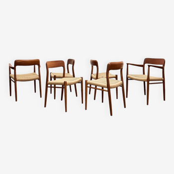 Chaises de salle à manger en teck par Niels O. Møller pour J.L. Moller, modèles 56 et 75 avec siège en papier